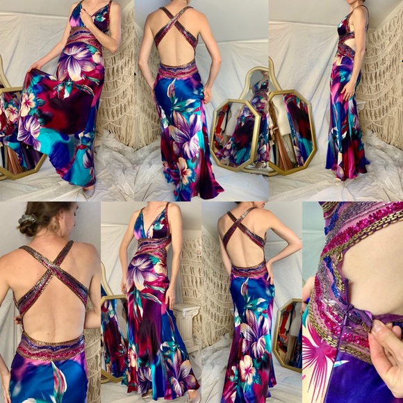 SOLD Jovani Vintage Y2k Tropical Print Prom Satin Dress - Picture 5 of 11